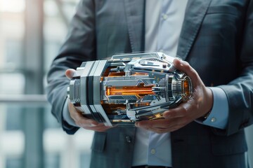 Businessman holding a futuristic construction device, symbolizing the integration of advanced technology in building processes