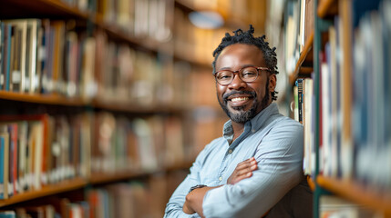 Fototapeta premium African American librarian smiling in a library
