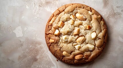 a cookie with white chocolate and macadamia nuts, centered with sharp detail on a neutral backdrop.