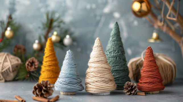 Sustainable DIY Christmas Craft Background with Handmade Yarn Cone Trees