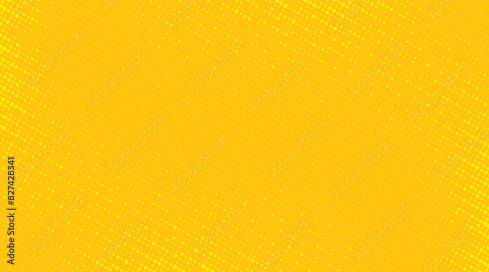 Poster Yellow radial halftone background. Retro comic grain pixel texture. Pixelated dots cartoon wallpaper. Pop art fading wavy gradient pattern. Vector vanishing gritty backdrop.