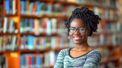 African American librarian smiling in a library