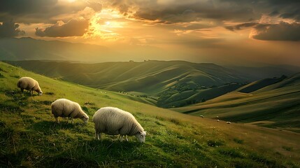 Fototapeta premium Idyllic Countryside Harmony: Majestic Flock of Sheep Grazing Serenely on a Sun-Kissed Hillside, Embracing the Essence of Tranquility and Rural Beauty
