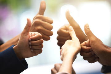 Group of people, hands and thumbs up for support, success and team work in office collaboration....