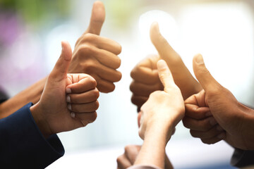 Group of people, hands and thumbs up for support, success and team work in office collaboration. Worker or business circle in like, yes and okay gesture for good job, winning and well done with goals