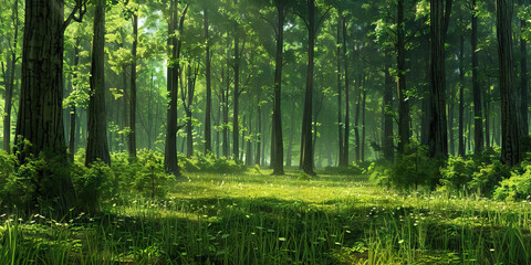 Naklejka premium Quiet Forest Clearing: A peaceful clearing in a forest with no people or wildlife, showcasing the stillness and tranquility of nature's untouched beauty