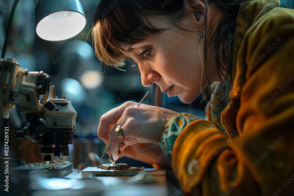 Leinwandbilder a focused individual is seen conducting precise work using a microscope in a well-lit laboratory env