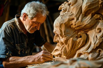 A senior craftsperson is engrossed in adding fine details to an elaborate wood carving