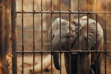 A captive elephant stands behind bars at a zoo, invoking a sense of confinement and contemplation