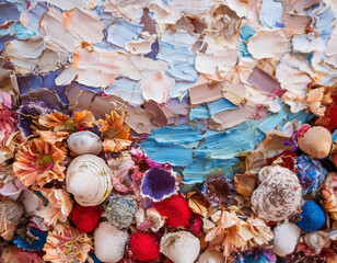 Fototapeta premium Impressionist style oil painting of brush strokes in vibrant tones with seashells, stones, flowers