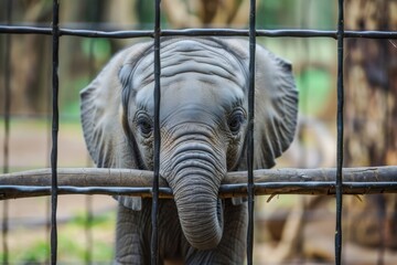A small elephant calf stands behind metal bars, looking forward with a gentle gaze, possibly evoking feelings of captivity and the need for conservation