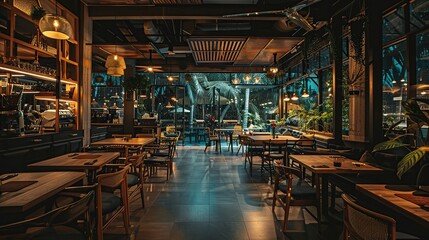 Fototapeta premium Restaurant with lots of chairs and tables. The restaurant is very clean with bright lights that give a warm and romantic impression