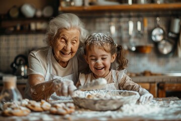 A joyful grandma and her granddaughter bake together, smiling, covered in flour
