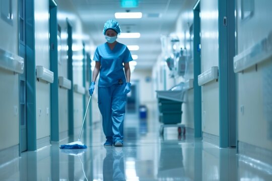 A healthcare worker in medical scrubs mops the floor of a hospital corridor, signifying cleanliness and care