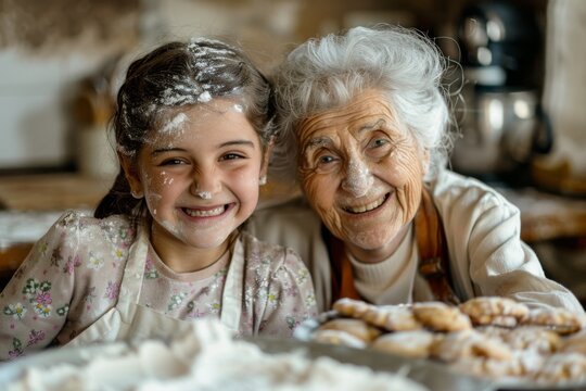 A happy grandmother poses with her granddaughter while baking cookies