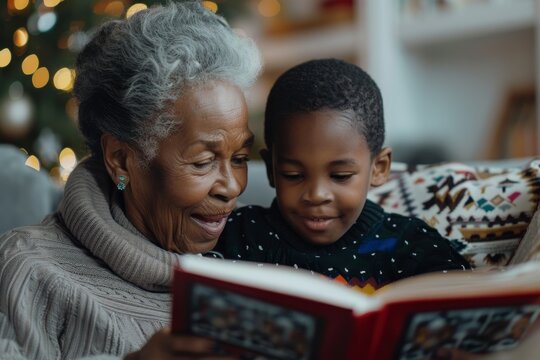 Engaged elderly black woman reading with a smiling young boy at home