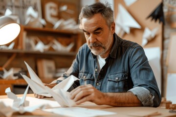 An image capturing a senior man focused on folding paper to create origami birds, showcasing concentration and dexterity