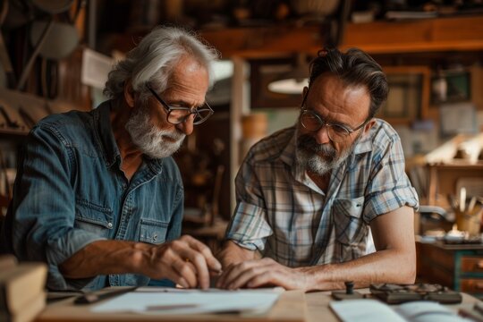 Two individuals are engaged in a discussion, possibly over plans or a project, inside a workshop filled with tools