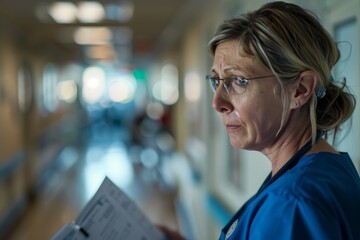 A female healthcare worker with a blurred face checking documents in a hospital corridor