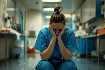 A weary medical professional is sitting on the hospital floor with head in hands, portraying exhaustion