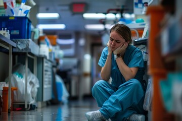 A visibly distressed medical worker is sitting on the floor in a hospital hallway, overwhelmed with emotions
