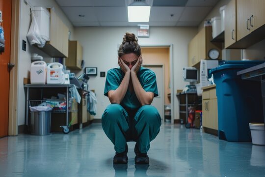 In this image, a medical worker sits on the floor of a hospital hallway, needing a rest