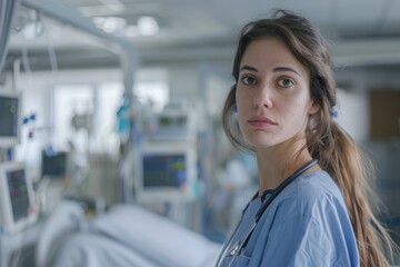 Fototapeta premium A dedicated female healthcare worker in scrubs stands solemnly in a clinical hospital environment with equipment in background