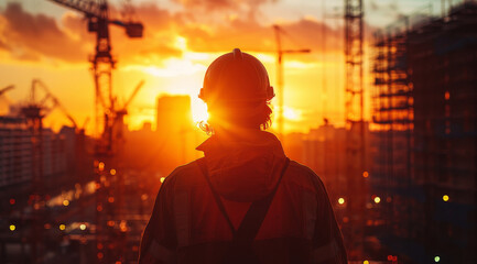 Fototapeta premium A silhouette of an engineer wearing a helmet in front of a double exposure of a construction site in soft sunset light