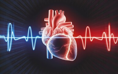 3D heart with pulse line, red and blue neon glowing lights, dark background.