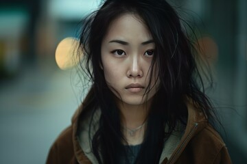 Closeup of an introspective young asian woman with windswept hair against a city evening backdrop