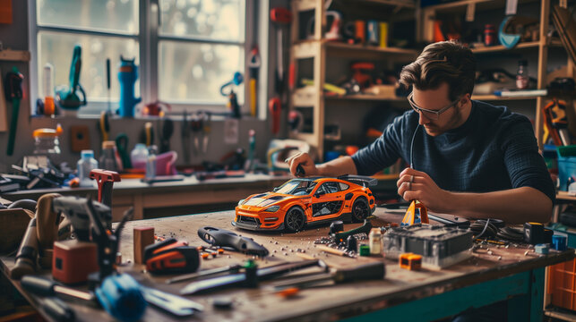 Model Car Hobbyist: Meticulous Assembly at Workshop Table