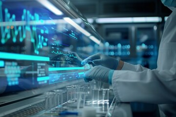 Fototapeta premium Futuristic Concept: Laboratory technician with lab automation tools, in medical lab, test results and sample data visualized. Lab tech, automated data management. , background blur