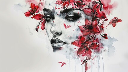Painting of a beautiful and graceful woman's face with red flowers and paint splashes on a white background