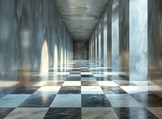 Modern corridor with checkered floor and sunlight