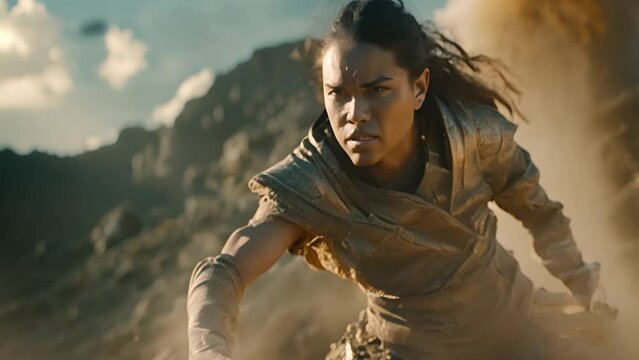 A woman medieval armor in action pose amidst dusty, rocky terrain