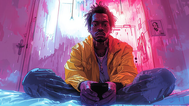 A young African American male, heartbroken and strung out, sits on a worn-out bed in his hotel room, Retrowave, comic book style, comic strip panel, an image like a trapsoul music video, vibrant