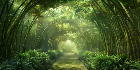 Rainforest canopy from below, corner or top space for text Sunrays filter through the dense foliage of an atmospheric tropical rainforest at dawn.