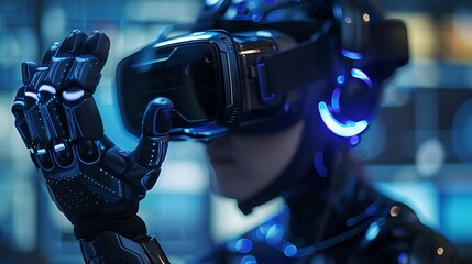 A virtual reality headset and gloves used for immersive training and simulation as part of a digital transformation strategy. - Powered by Adobe