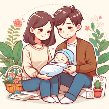 vector illustration of a baby being held by his parents