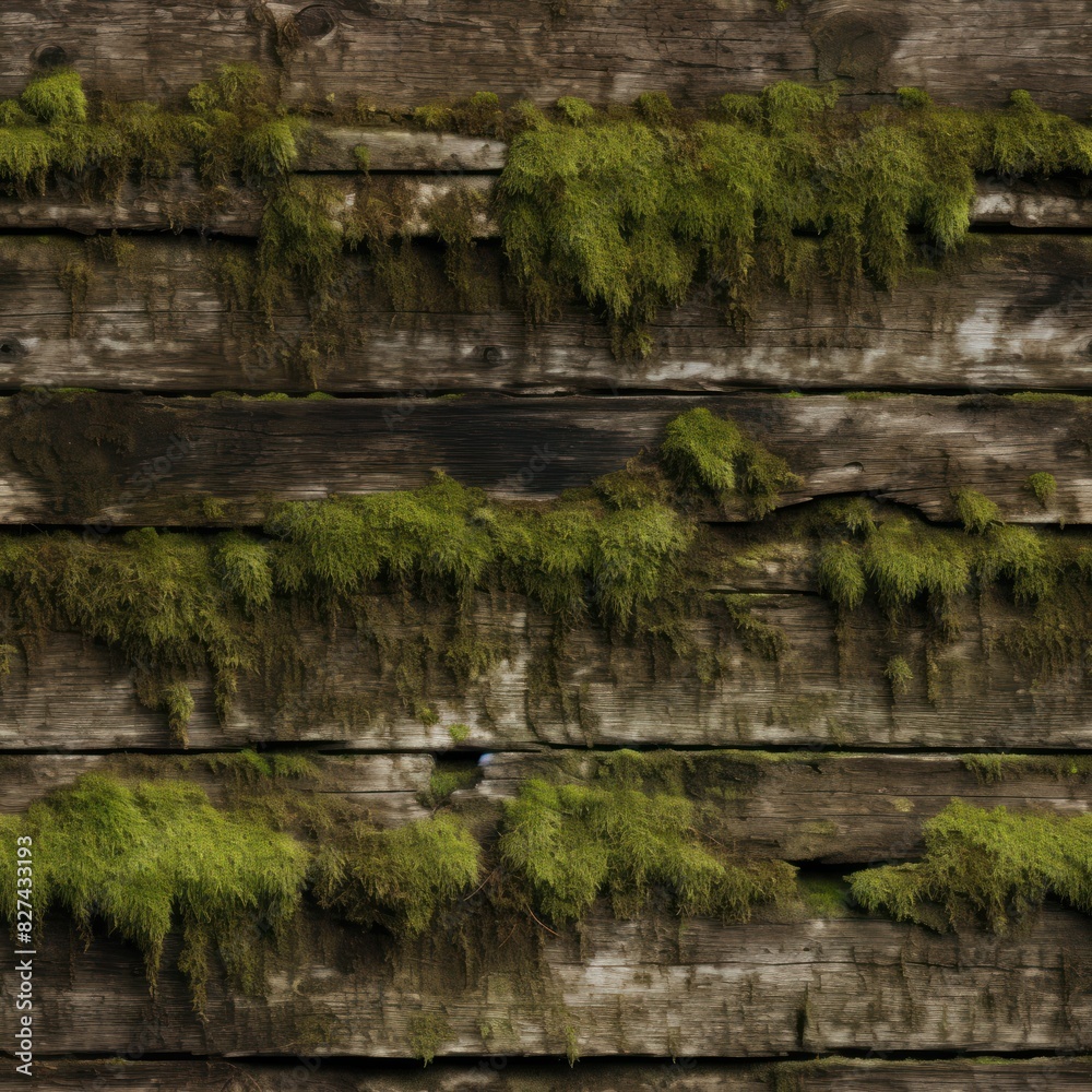 Poster old wooden wall, green moss. seamless texture.