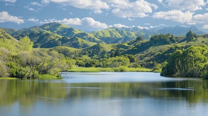 Tranquil lake encircled by verdant hills and trees