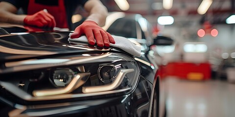 Man meticulously polishing sleek black car exterior with microfiber cloth car detailing. Concept Car detailing, Microfiber cloth, Polishing techniques, Sleek black car, Meticulous work