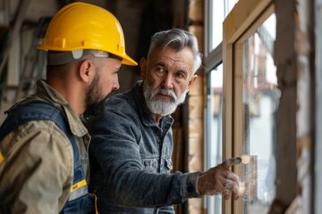 An older builder instructs or advises a younger colleague on a construction site