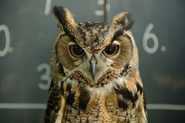 A great horned owl sits sternly in front of a chalkboard with mathematical equations