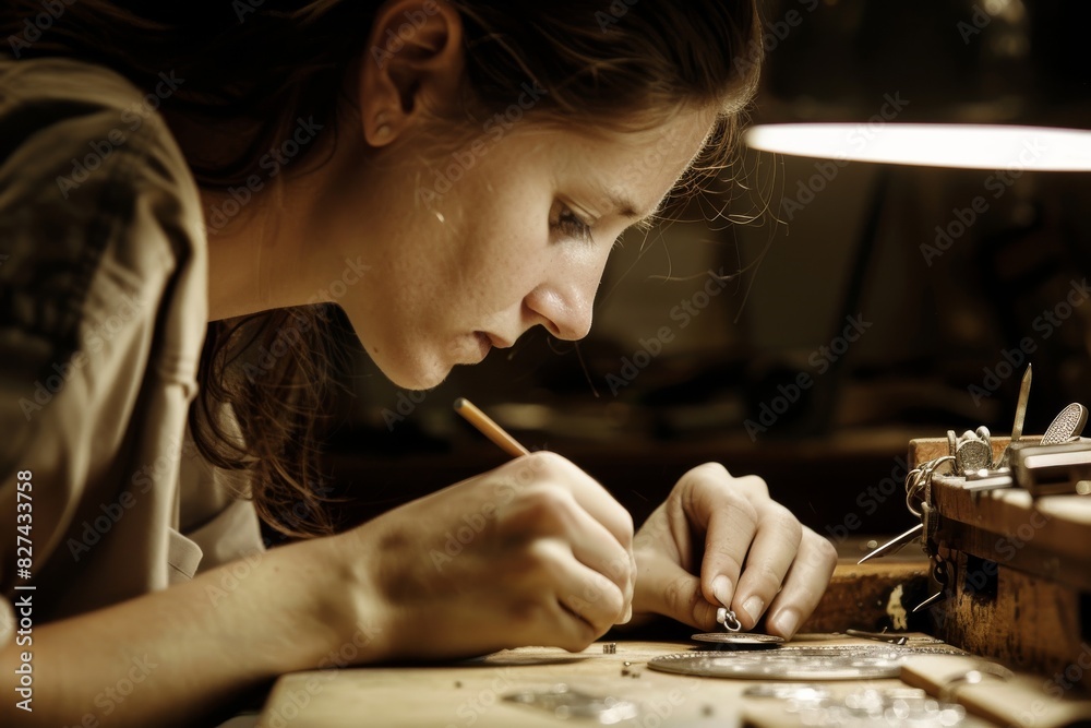 Poster the image shows a focused jeweler working on a delicate piece with tools on a bench under warm light