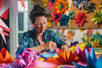 A concentrated artist surrounded by vibrant papercraft flowers in her workshop