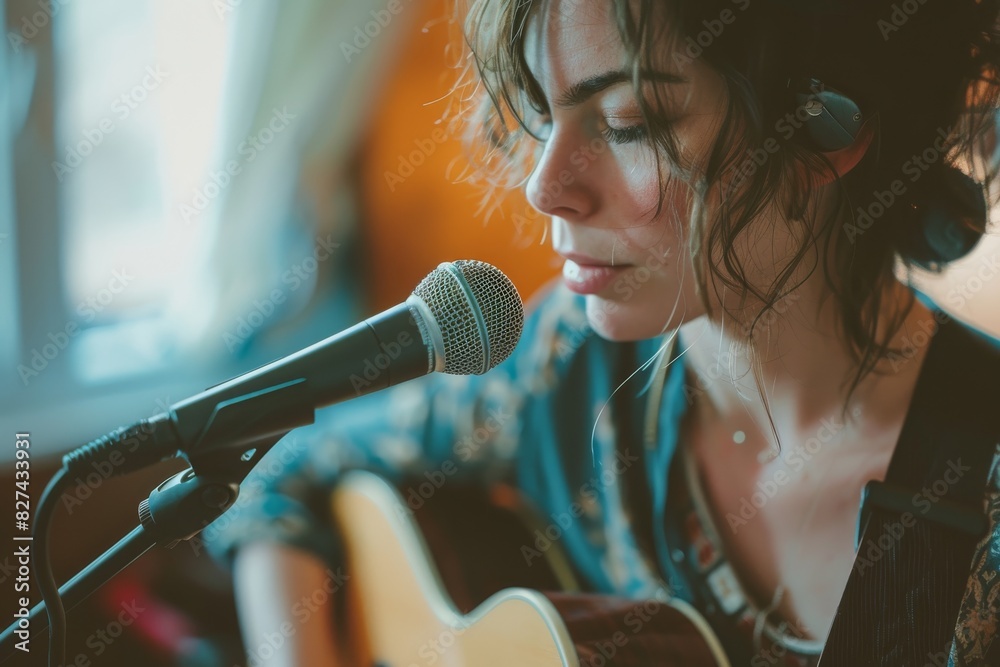 Fototapete A detailed image featuring a close-up of a microphone in a music recording or live session setting with part of a guitar