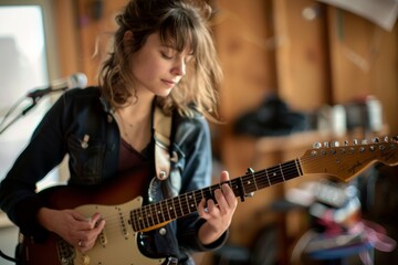 Fototapeta premium A musician focusing on tuning an electric guitar, highlighted by strong bokeh and a warm indoor atmosphere