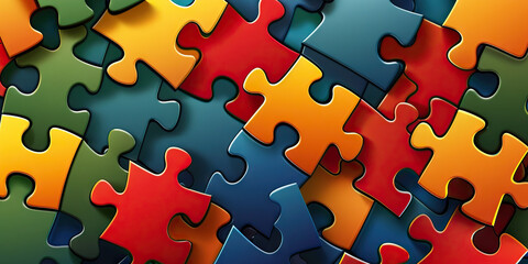Puzzle Play: Interlocking puzzle piece shapes in bold colors, symbolizing unity and problem-solving