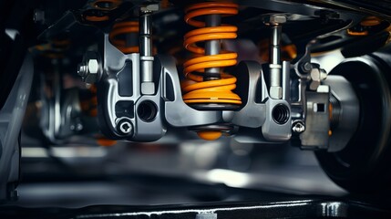 Close-up of modern car suspension system with vibrant orange springs showcasing mechanical engineering and automotive technology.